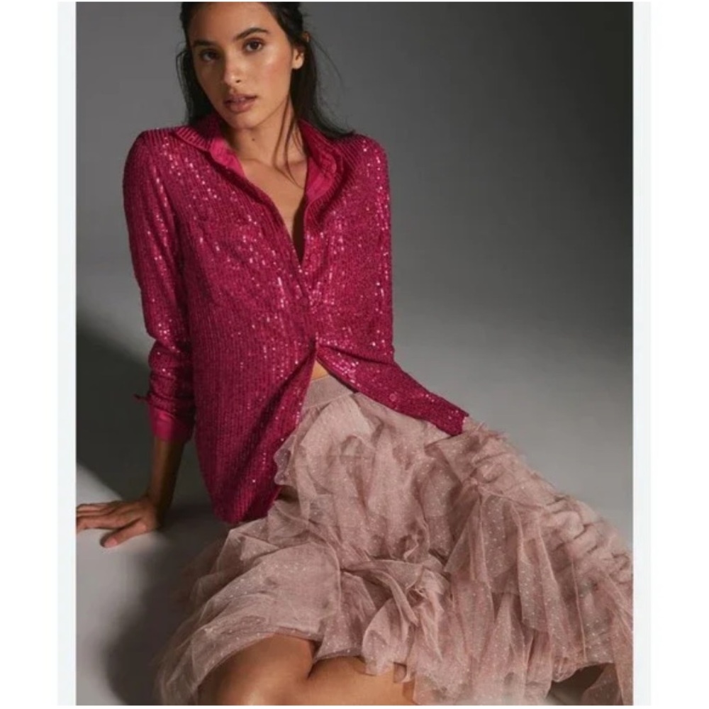 NWT Rachel Zoe Pink Sequin Long Sleeve Button Down Shirt S